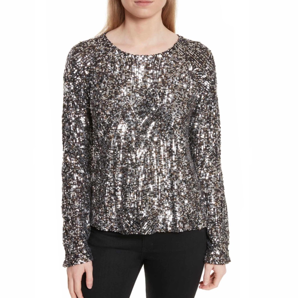 Equipment Silver Sequin Long-Sleeve Blouse